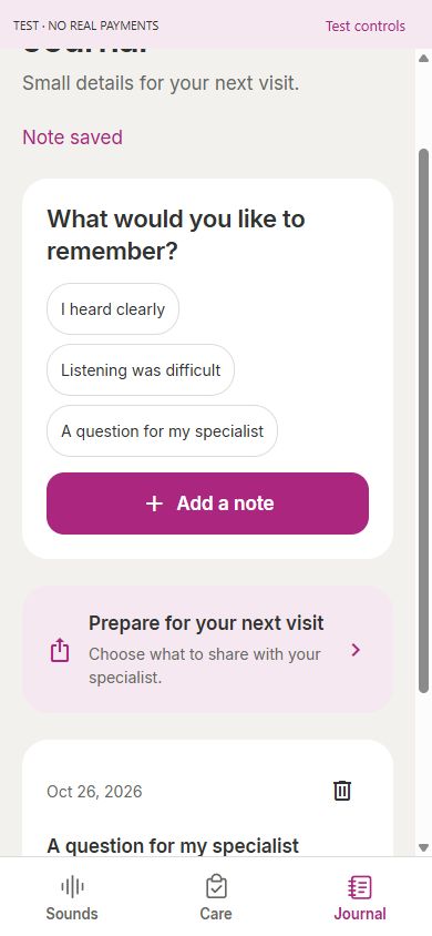 HearHabit Journal tab with quick note choices and an example question