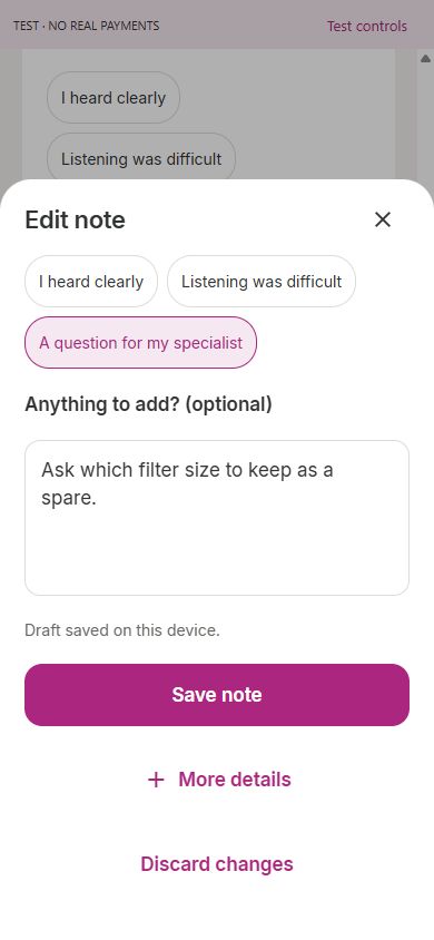 HearHabit quick note sheet with an optional question for a specialist