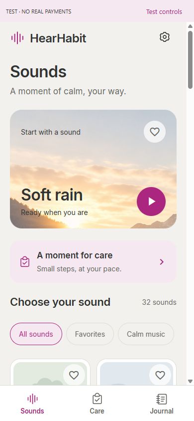 HearHabit Sounds tab with Soft rain and the sound library