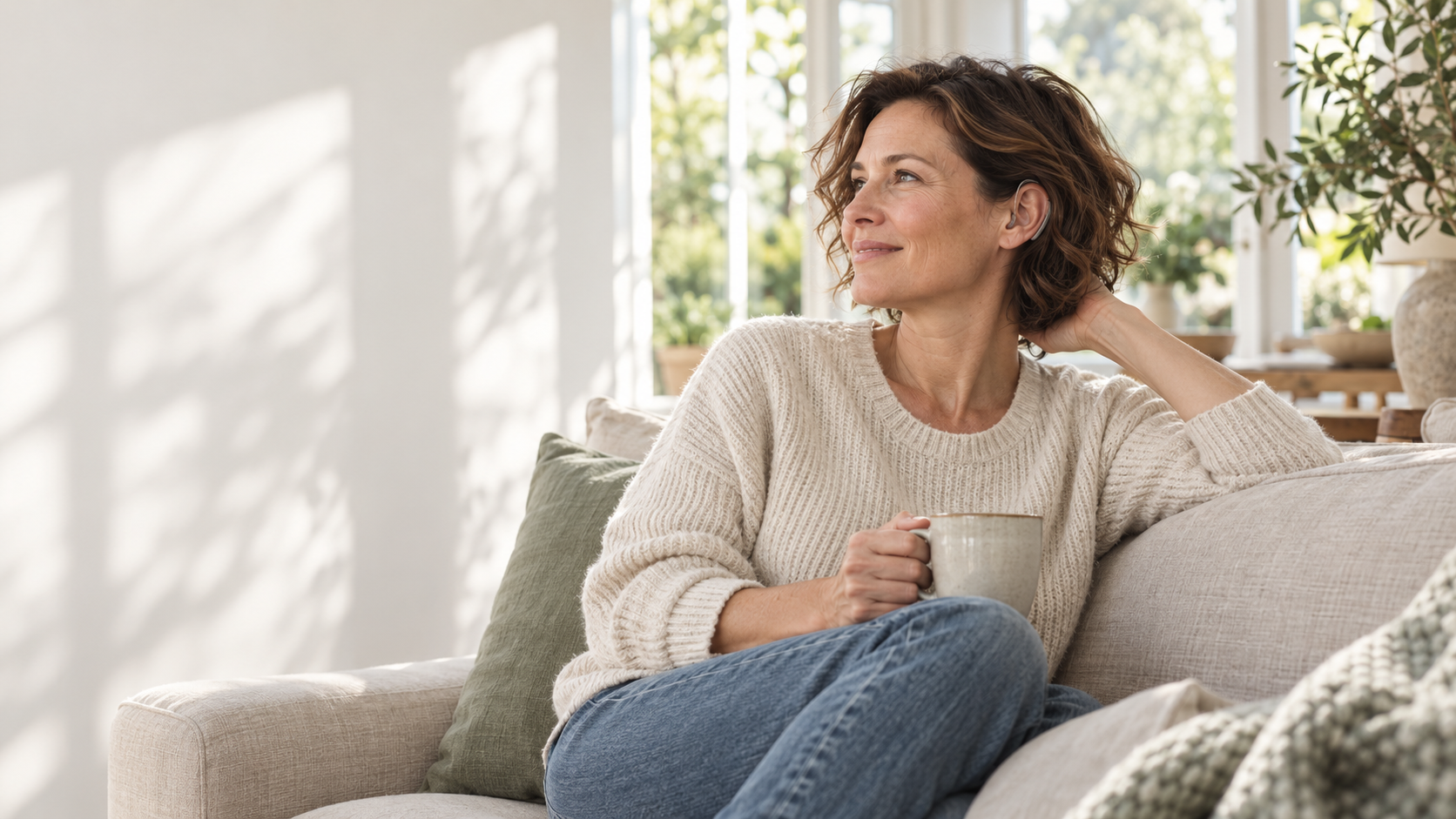 A quiet moment at home, with a warm drink and natural daylight.
